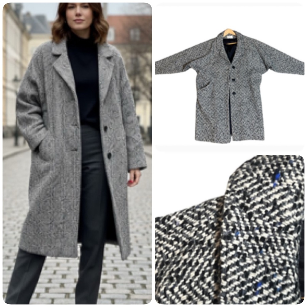 True Vintage  Preppy Tweed Wool‎ Trench Coat Black Blue and White